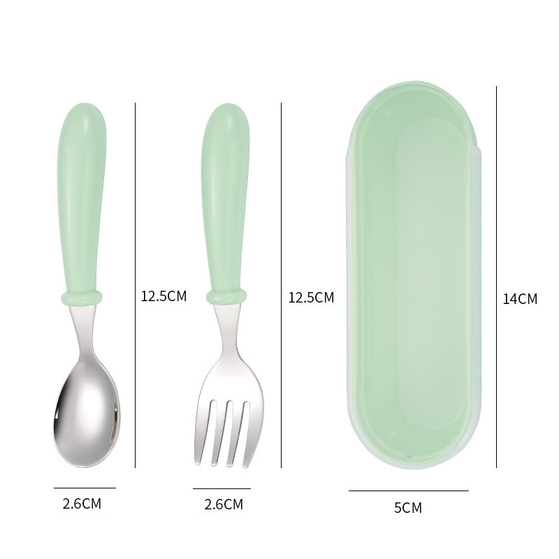 Lastele mõeldud lusikakahvlikomplekt, kaasaskantav lauanõu, kaasaskantav reisikandja, roostevabast terasest karbiga