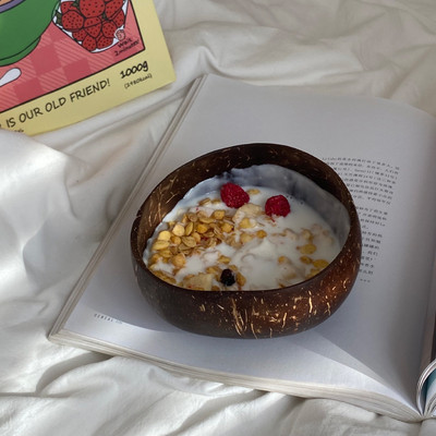 Natūralus kokoso dubuo Mediniai rankų darbo kokosiniai dubenys valgomiesiems indams su šaukštu Desertinių vaisių salotų maišymo ryžiai 12-15cm