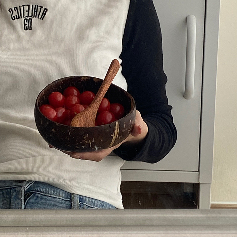 Natūralus kokoso dubuo Mediniai rankų darbo kokosiniai dubenys valgomiesiems indams su šaukštu Desertinių vaisių salotų maišymo ryžiai 12-15cm