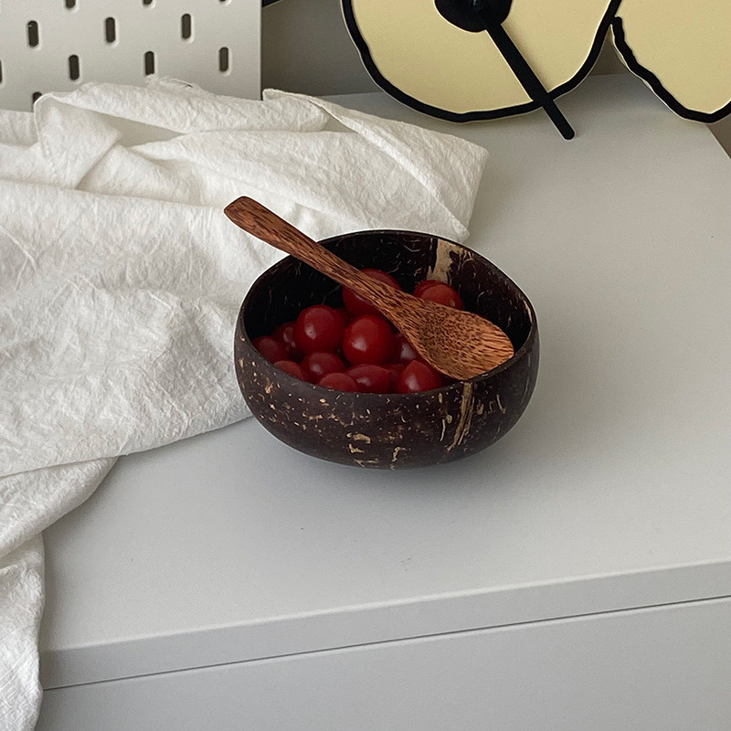 Natūralus kokoso dubuo Mediniai rankų darbo kokosiniai dubenys valgomiesiems indams su šaukštu Desertinių vaisių salotų maišymo ryžiai 12-15cm