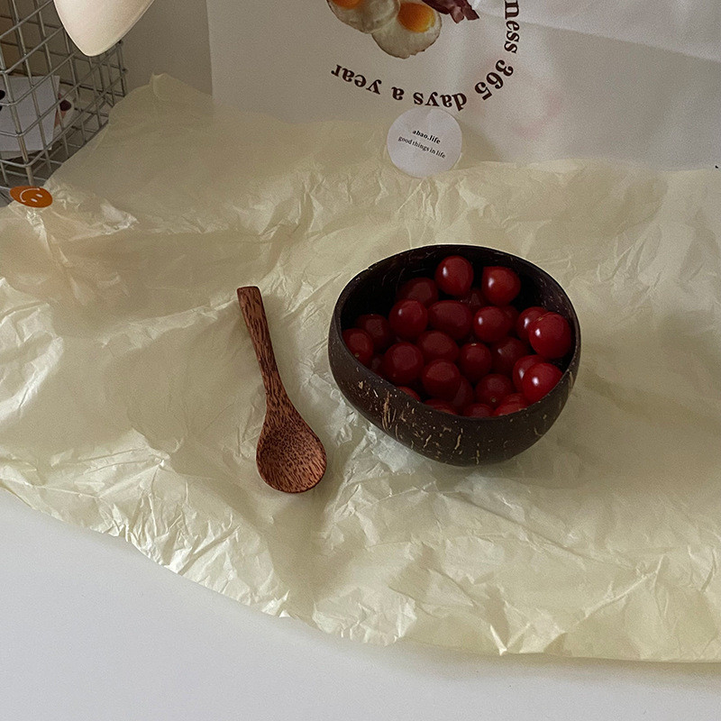 Natūralus kokoso dubuo Mediniai rankų darbo kokosiniai dubenys valgomiesiems indams su šaukštu Desertinių vaisių salotų maišymo ryžiai 12-15cm