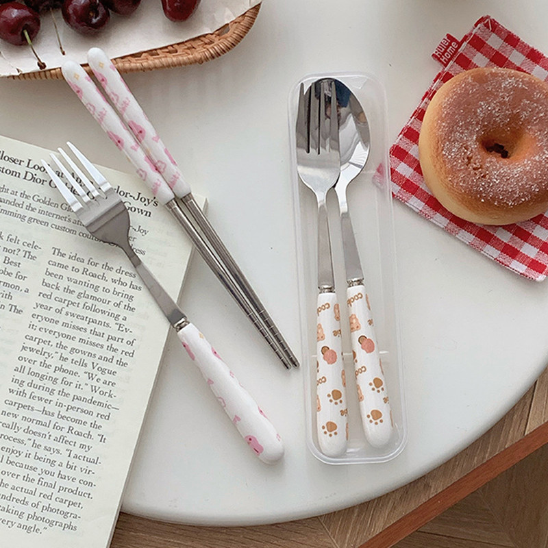 Indų rinkiniai nerūdijančio plieno stalo įrankių rinkinys Animacinių filmų šaukštų šakučių lazdelių rinkiniai Nešiojami pietų stalo reikmenys Kelioniniai indai