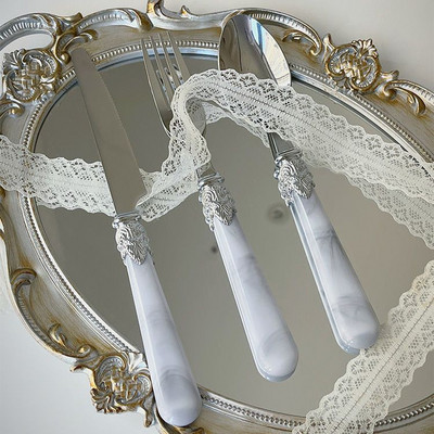 Vana marmorist käepidemega lusikas, 3 tükki, komplektid, roostevabast terasest nugade kahvel, lusikas leibkonna magustoidu lusikas praad pastakahvel