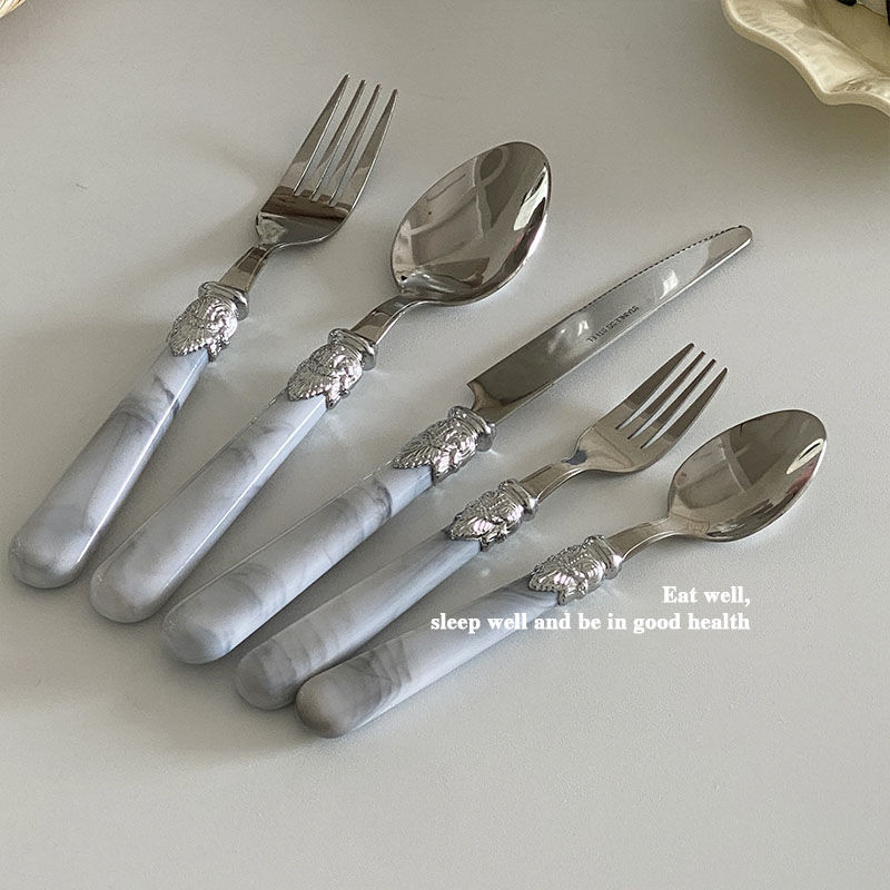 Vana marmorist käepidemega lusikas, 3 tükki, komplektid, roostevabast terasest nugade kahvel, lusikas leibkonna magustoidu lusikas praad pastakahvel