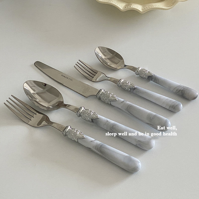 Vana marmorist käepidemega lusikas, 3 tükki, komplektid, roostevabast terasest nugade kahvel, lusikas leibkonna magustoidu lusikas praad pastakahvel