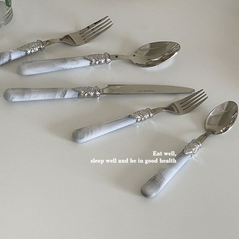 Vana marmorist käepidemega lusikas, 3 tükki, komplektid, roostevabast terasest nugade kahvel, lusikas leibkonna magustoidu lusikas praad pastakahvel