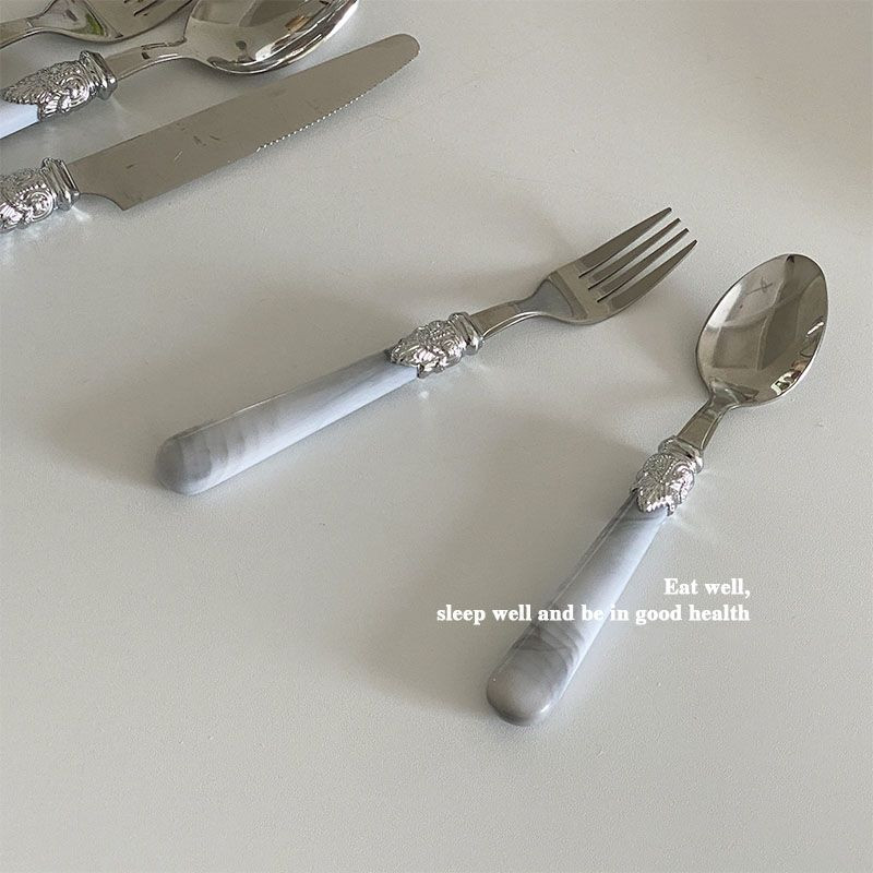 Vana marmorist käepidemega lusikas, 3 tükki, komplektid, roostevabast terasest nugade kahvel, lusikas leibkonna magustoidu lusikas praad pastakahvel