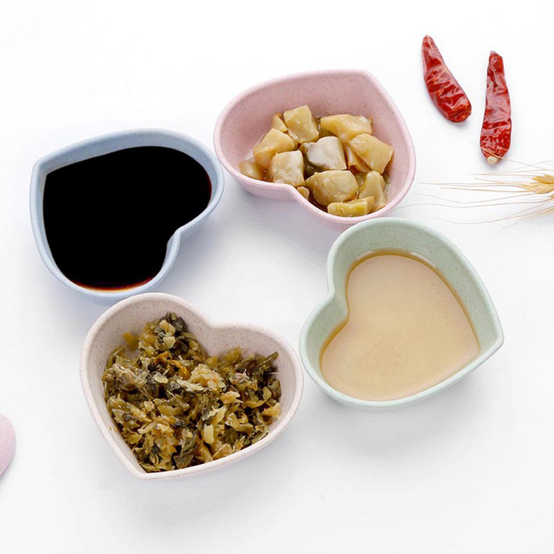 4 vnt Meilės širdies formos lėkštės plastikiniai indai Sojų pupelių mini acto prieskoniai kviečių stiebeliai