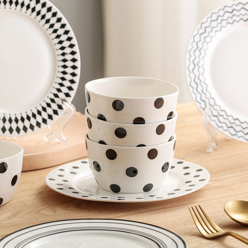 Europietiškas keraminių lėkščių rinkinys glazūros dažymas gyvenamasis kambarys vaisių salotų lėkštė rankomis piešta geometrija stalinis vakarienės rinkinys lėkštės ir indai