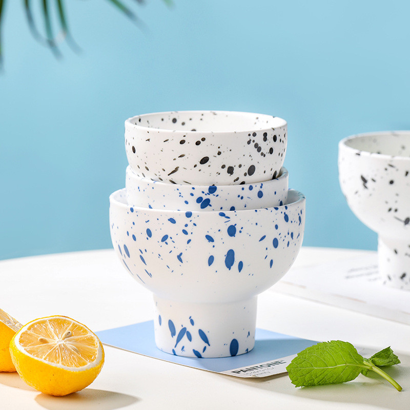 Aukštos kokybės šiaurietiškas juodai dėmėtas keraminis jogurto ledų dubuo Creative High Foot pusryčiai avižiniai dribsniai desertinės salotos vaisiai