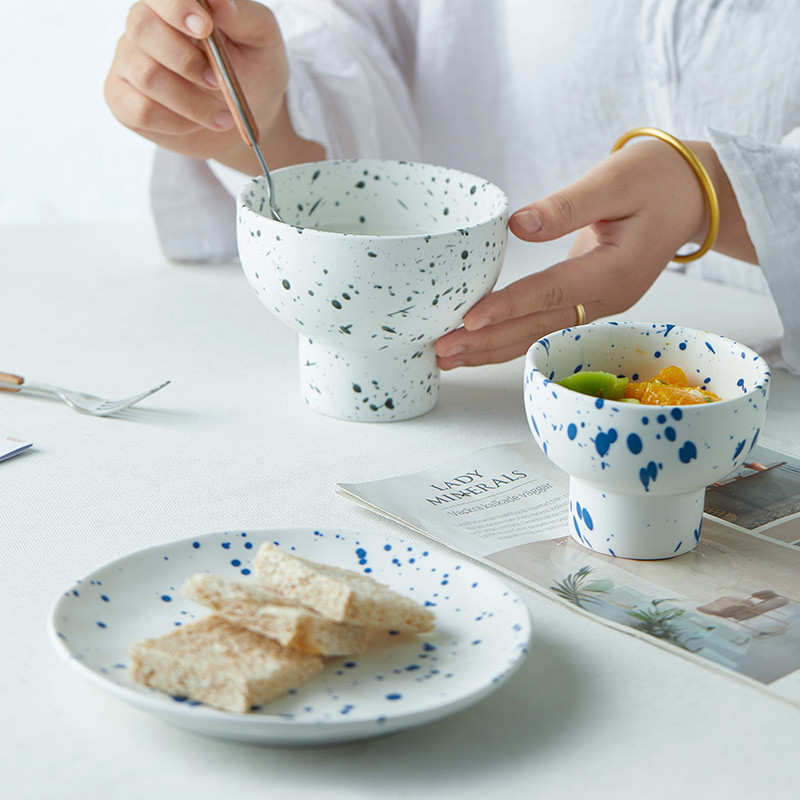 Aukštos kokybės šiaurietiškas juodai dėmėtas keraminis jogurto ledų dubuo Creative High Foot pusryčiai avižiniai dribsniai desertinės salotos vaisiai