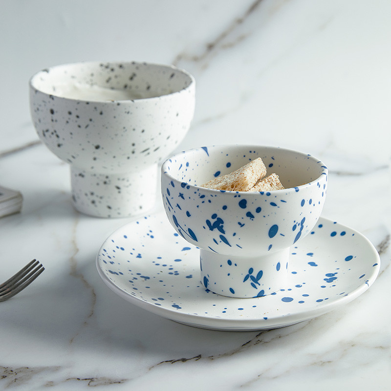 Aukštos kokybės šiaurietiškas juodai dėmėtas keraminis jogurto ledų dubuo Creative High Foot pusryčiai avižiniai dribsniai desertinės salotos vaisiai