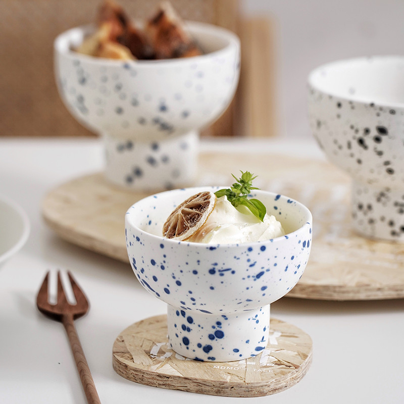 Aukštos kokybės šiaurietiškas juodai dėmėtas keraminis jogurto ledų dubuo Creative High Foot pusryčiai avižiniai dribsniai desertinės salotos vaisiai