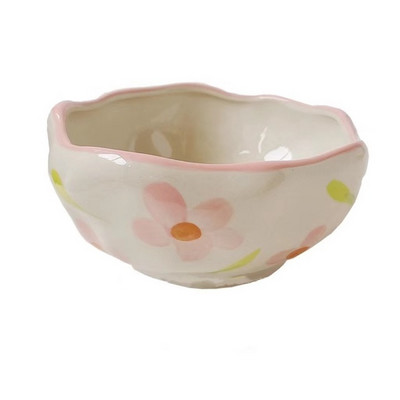 Netaisyklingi stalo reikmenys, salotos, maisto konteineris, dubuo, gėlė, rankų darbo, keramikinis desertas, jogurtas, puikus avižinių dribsnių piešinys.