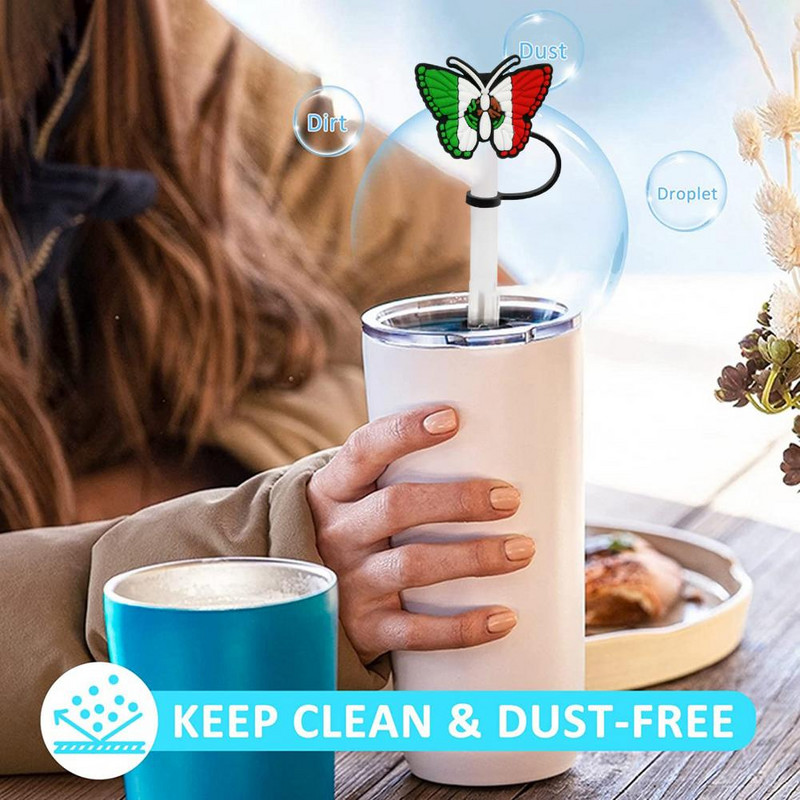 Szilikon szalmadugó Újrafelhasználható élelmiszeripari szilikon szívószál huzatok 9db 8mm pillangók Porálló védők univerzális üveghez