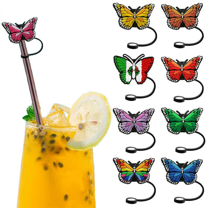 Szilikon szalmadugó Újrafelhasználható élelmiszeripari szilikon szívószál huzatok 9db 8mm pillangók Porálló védők univerzális üveghez