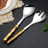 Nerūdijančio plieno salotų šakutė nuo nuplikimo bambuko rankena Viskas viename šaukšte Makaronų šakutė Vaisių deserto patiekimo šakutė ir šaukštai stalo įrankiai