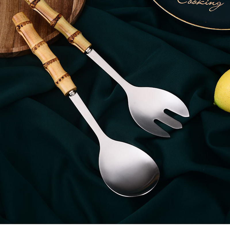 Nerūdijančio plieno salotų šakutė nuo nuplikimo bambuko rankena Viskas viename šaukšte Makaronų šakutė Vaisių deserto patiekimo šakutė ir šaukštai stalo įrankiai