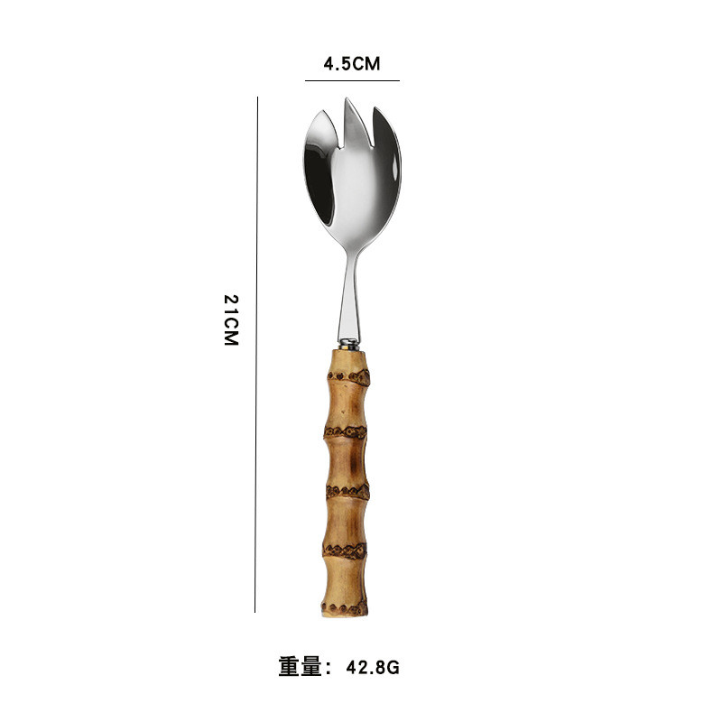 Nerūdijančio plieno salotų šakutė nuo nuplikimo bambuko rankena Viskas viename šaukšte Makaronų šakutė Vaisių deserto patiekimo šakutė ir šaukštai stalo įrankiai