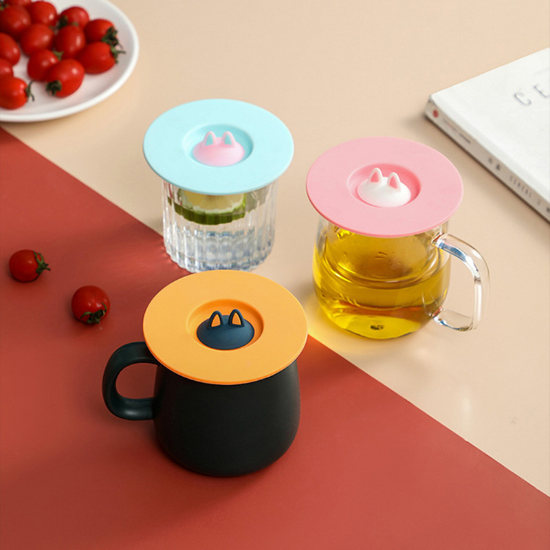 Aranyos rajzfilm macska szilikon csésze fedél hőálló, szivárgásmentes univerzális kerek porálló palackfedél, újrafelhasználható ivóeszköz-tartozékok