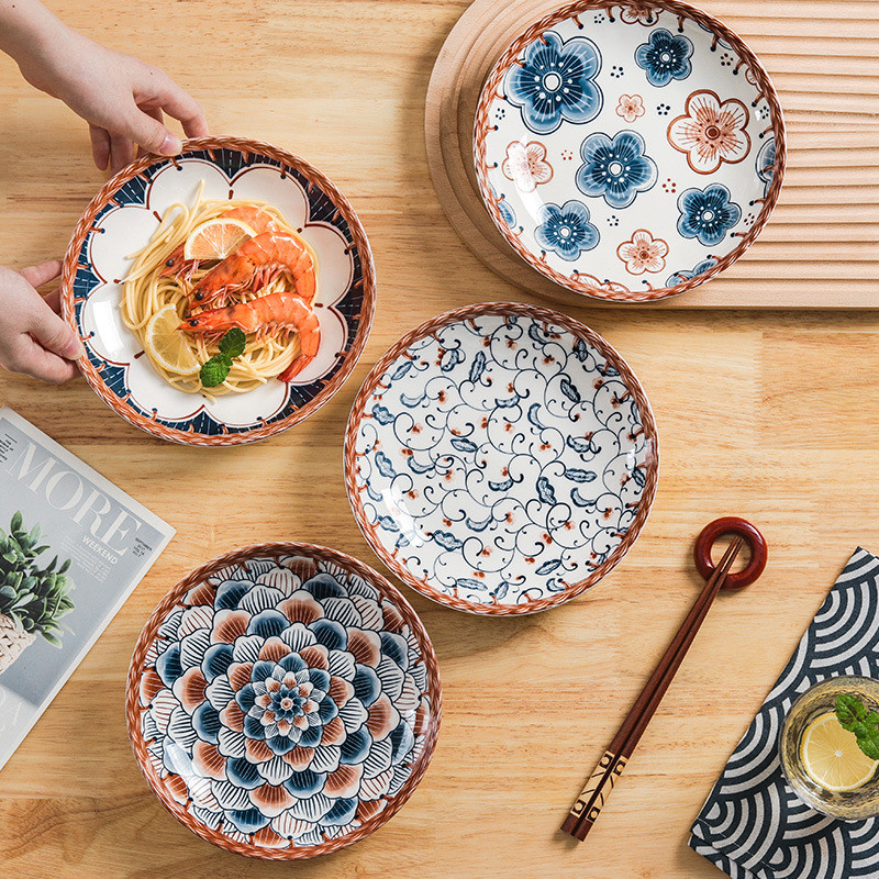 Farfurie nordică din ceramică cu imprimeu de flori pentru salată de fructe, gustări rotunde, feluri de mâncare plate, tavă simplă pentru depozitarea alimentelor, veselă de bucătărie