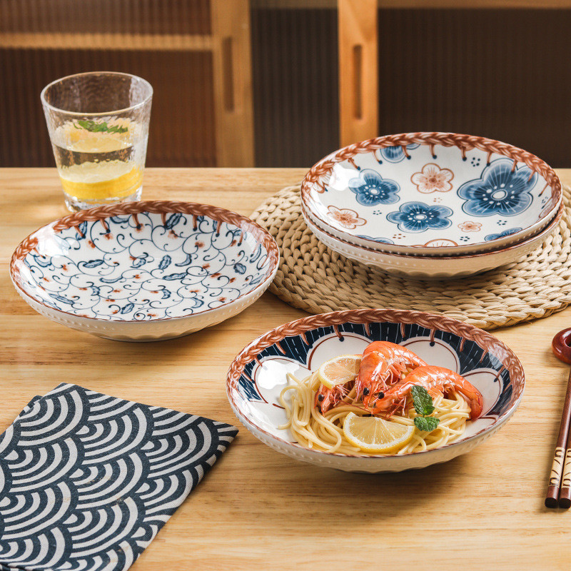 Farfurie nordică din ceramică cu imprimeu de flori pentru salată de fructe, gustări rotunde, feluri de mâncare plate, tavă simplă pentru depozitarea alimentelor, veselă de bucătărie