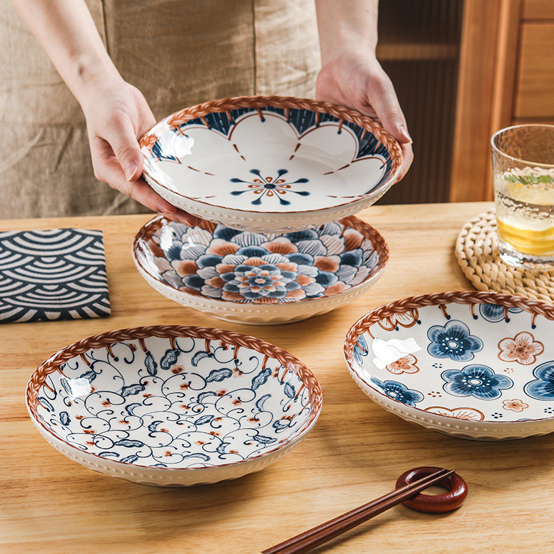 Farfurie nordică din ceramică cu imprimeu de flori pentru salată de fructe, gustări rotunde, feluri de mâncare plate, tavă simplă pentru depozitarea alimentelor, veselă de bucătărie