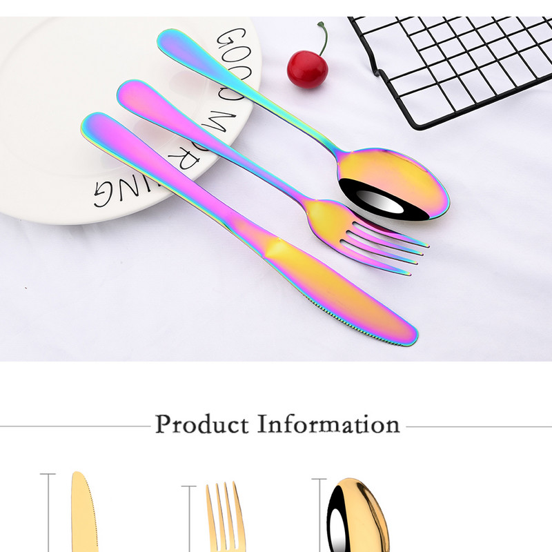 Reklaminis indų rinkinys Spalvingas vaivorykštės auksinis peilis šakutė arbatinis šaukštelis indaplovėje saugus sidabro indų rinkinys stalo įrankių dėžutė nerūdijančio plieno