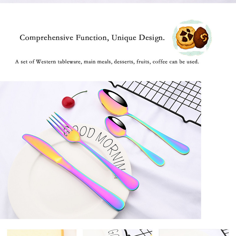 Reklaminis indų rinkinys Spalvingas vaivorykštės auksinis peilis šakutė arbatinis šaukštelis indaplovėje saugus sidabro indų rinkinys stalo įrankių dėžutė nerūdijančio plieno