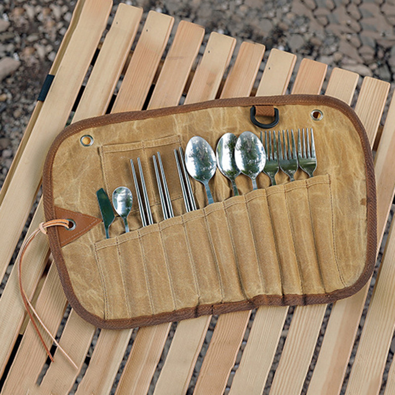 12 vnt Stovyklavietės stalo reikmenų laikymo krepšys stalo įrankiai Organizatoriaus ritinėlių laikiklis drobė šaukštas lazdelės Šakutė BBQ pikniko nešiojimo dėklas stalo įrankių rinkinys