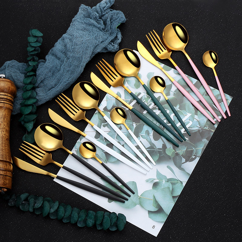 Veidrodinis Auksinis stalo įrankių rinkinys Stalo reikmenys nerūdijančio plieno virtuvės reikmenys, šlifuoti indai 4 vnt. peilis šakutė šaukštas namų stalo reikmenims