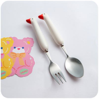 2kom Kawaii patka Žlica Vilica Set pribora za jelo za djecu Školski slatki korejski prijenosni pribor za jelo od nehrđajućeg čelika Kuhinjsko posuđe