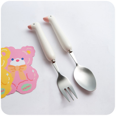 2kom Kawaii patka Žlica Vilica Set pribora za jelo za djecu Školski slatki korejski prijenosni pribor za jelo od nehrđajućeg čelika Kuhinjsko posuđe