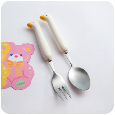 2kom Kawaii patka Žlica Vilica Set pribora za jelo za djecu Školski slatki korejski prijenosni pribor za jelo od nehrđajućeg čelika Kuhinjsko posuđe