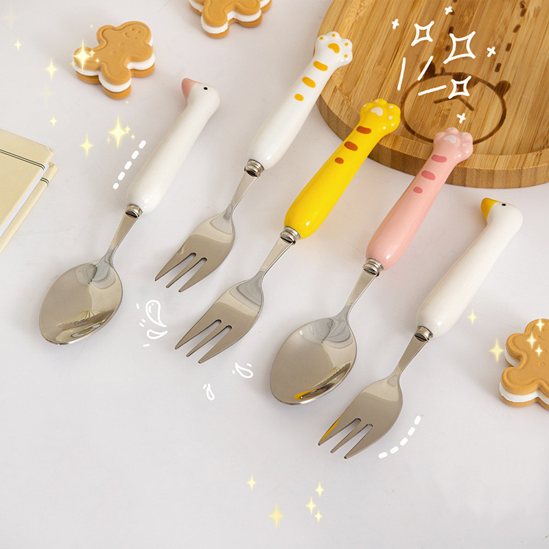 2kom Kawaii patka Žlica Vilica Set pribora za jelo za djecu Školski slatki korejski prijenosni pribor za jelo od nehrđajućeg čelika Kuhinjsko posuđe