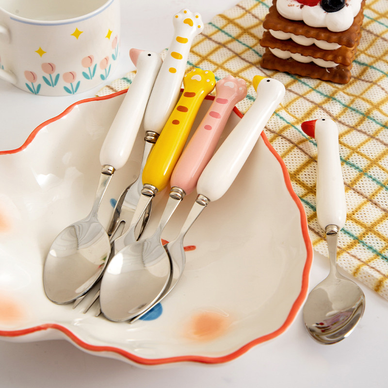 2kom Kawaii patka Žlica Vilica Set pribora za jelo za djecu Školski slatki korejski prijenosni pribor za jelo od nehrđajućeg čelika Kuhinjsko posuđe