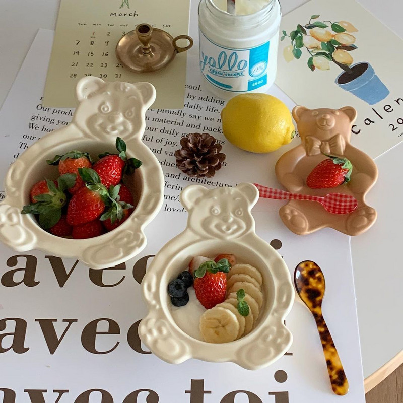 Korėjietiško stiliaus mielas meškiukas desertinis dubuo vaisių salotos pusryčių pieno dribsnių dubuo keraminiai indai mergaitės širdis