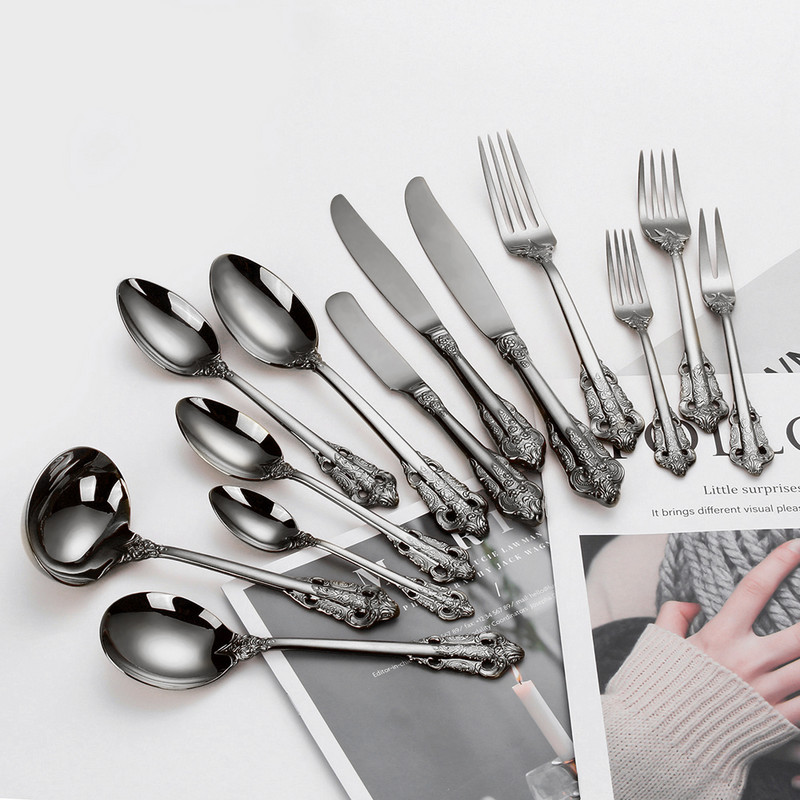 Blizgus juodas nerūdijančio plieno stalo įrankių rinkinys, senovinių stalo įrankių rinkinys, galima plauti indaplovėje, prabangūs sidabro dirbiniai, vestuvės, viešbutis, 1 vnt., 10