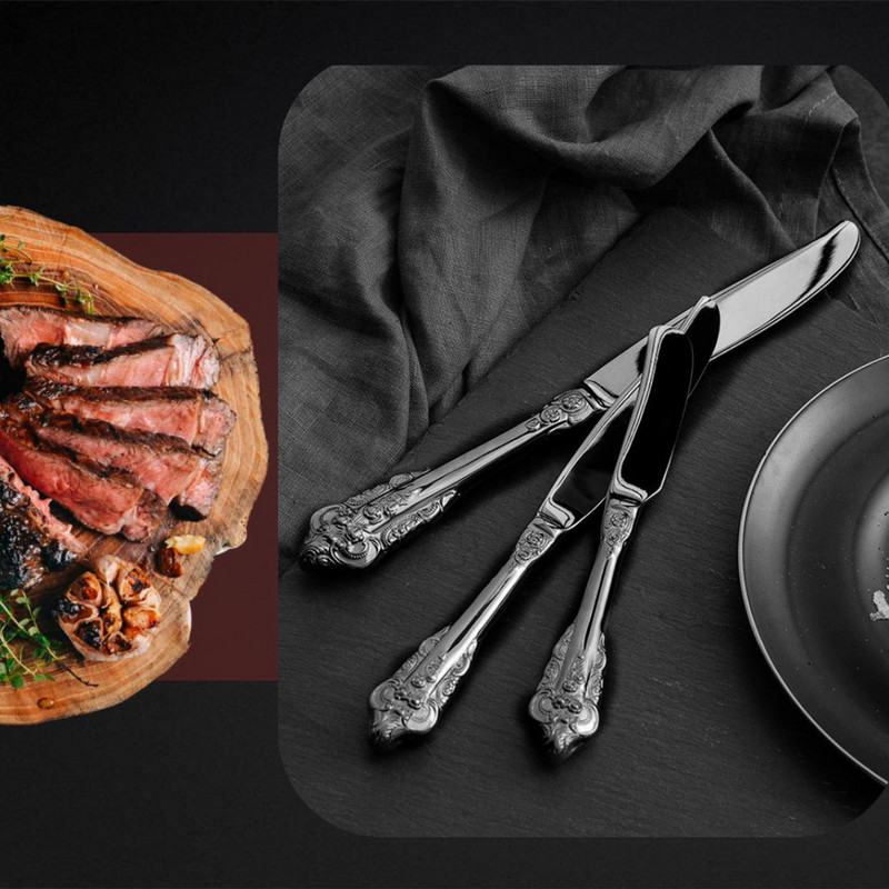 Blizgus juodas nerūdijančio plieno stalo įrankių rinkinys, senovinių stalo įrankių rinkinys, galima plauti indaplovėje, prabangūs sidabro dirbiniai, vestuvės, viešbutis, 1 vnt., 10