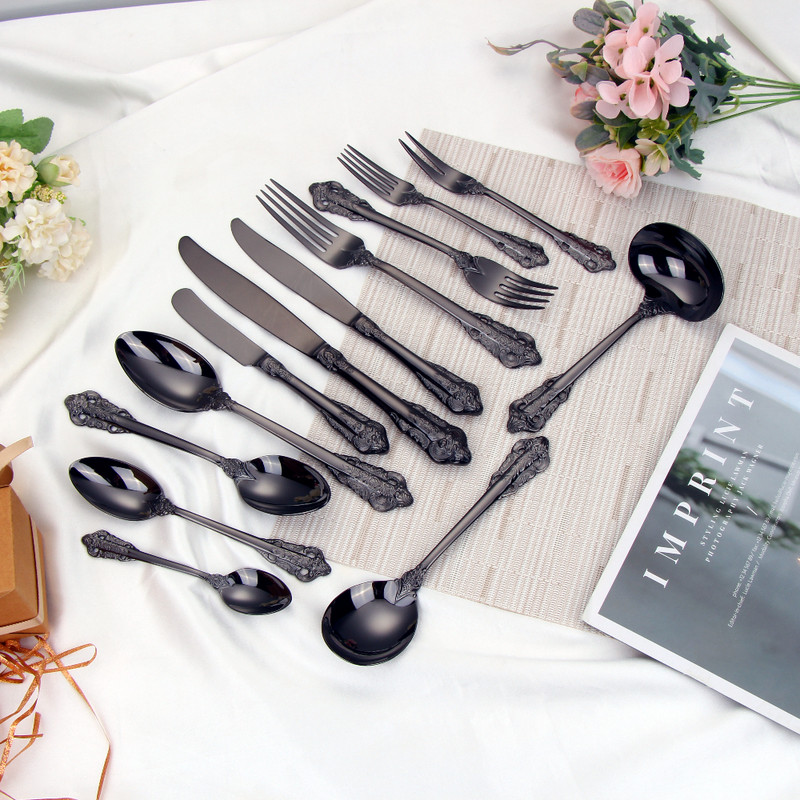 Blizgus juodas nerūdijančio plieno stalo įrankių rinkinys, senovinių stalo įrankių rinkinys, galima plauti indaplovėje, prabangūs sidabro dirbiniai, vestuvės, viešbutis, 1 vnt., 10