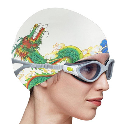 Veekindlad ujumismütsid silikoonist mugavad ujumismütsid pikkadele lühikestele juustele Hiina trükistiilis kortsudeta ujumisbasseini müts