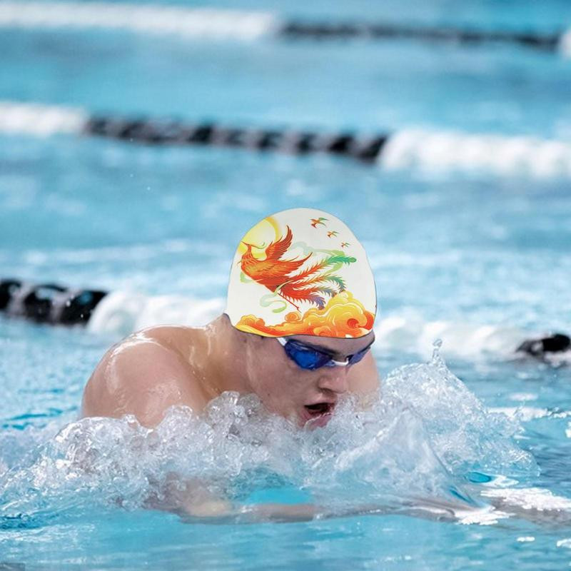 Veekindlad ujumismütsid silikoonist mugavad ujumismütsid pikkadele lühikestele juustele Hiina trükistiilis kortsudeta ujumisbasseini müts