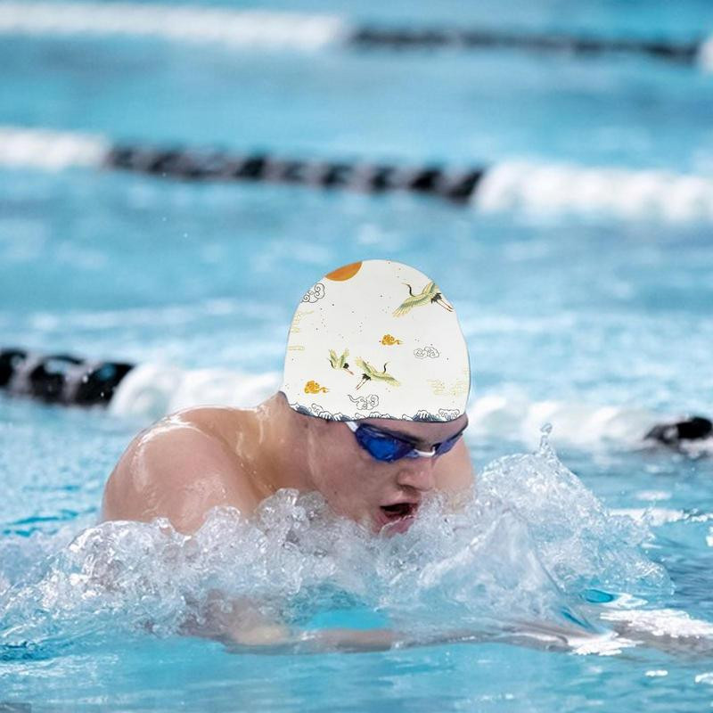 Veekindlad ujumismütsid silikoonist mugavad ujumismütsid pikkadele lühikestele juustele Hiina trükistiilis kortsudeta ujumisbasseini müts