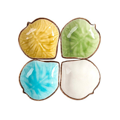 Vynuogių lapų formos keramikiniai prieskonių indai, 4 įvairių spalvų padažo indų pakuotė Lėkštės, patiekiamos sušių užkandžiui