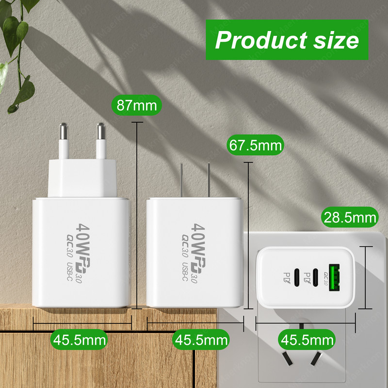 PD 60W greito USB įkroviklio 3 prievadų EU/US sieninio įkroviklio adapteris, skirtas iPhone 14 13 Xiaomi Huawei Samsung USB C telefono įkroviklis