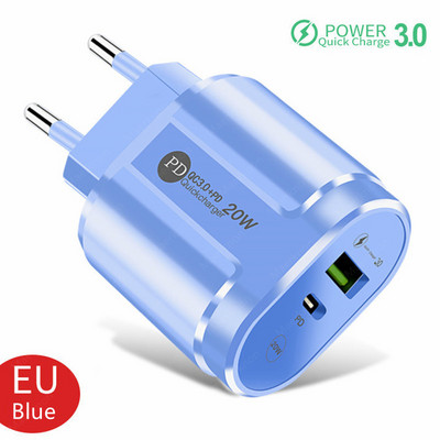 2-pordiline USB-laadija kiirlaadimine 3.0 PD 20W C-tüüpi telefonilaadija kiirlaadimisadapter iPhone 13 12Pro jaoks Huawei Xiaomi Samsung