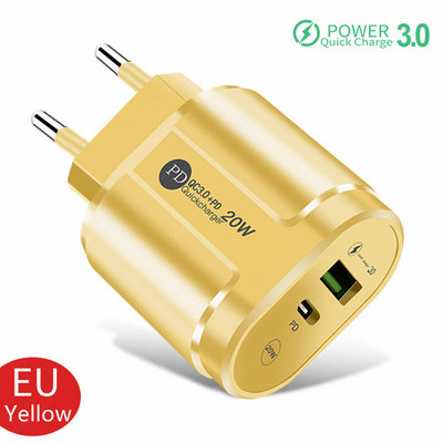 2-pordiline USB-laadija kiirlaadimine 3.0 PD 20W C-tüüpi telefonilaadija kiirlaadimisadapter iPhone 13 12Pro jaoks Huawei Xiaomi Samsung