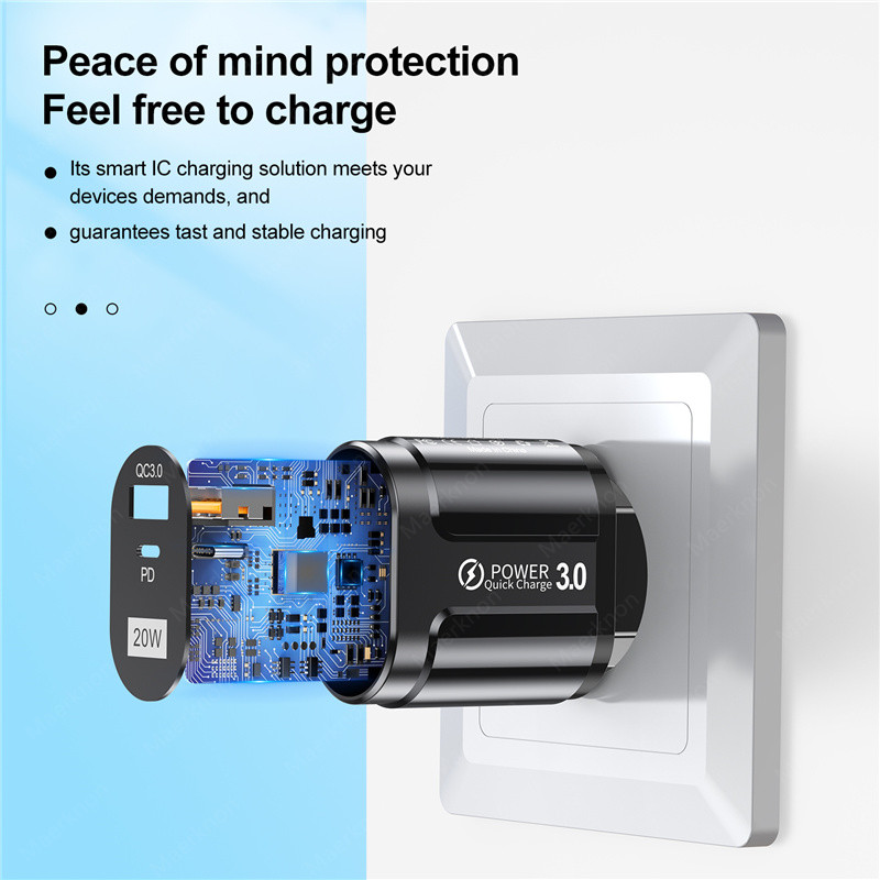 2-pordiline USB-laadija kiirlaadimine 3.0 PD 20W C-tüüpi telefonilaadija kiirlaadimisadapter iPhone 13 12Pro jaoks Huawei Xiaomi Samsung