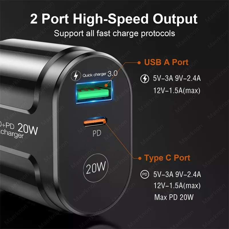 2-pordiline USB-laadija kiirlaadimine 3.0 PD 20W C-tüüpi telefonilaadija kiirlaadimisadapter iPhone 13 12Pro jaoks Huawei Xiaomi Samsung