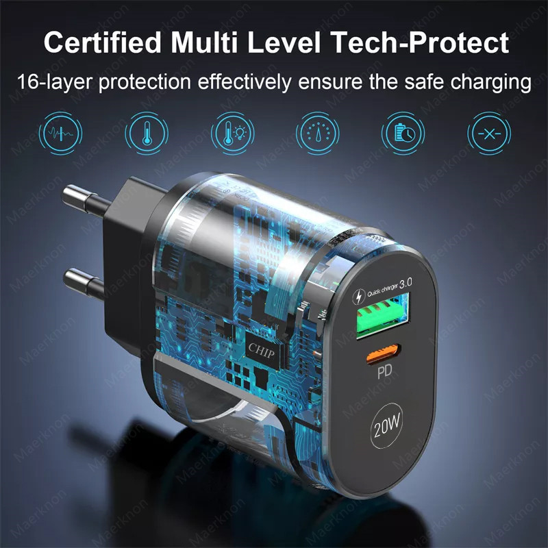 2-pordiline USB-laadija kiirlaadimine 3.0 PD 20W C-tüüpi telefonilaadija kiirlaadimisadapter iPhone 13 12Pro jaoks Huawei Xiaomi Samsung